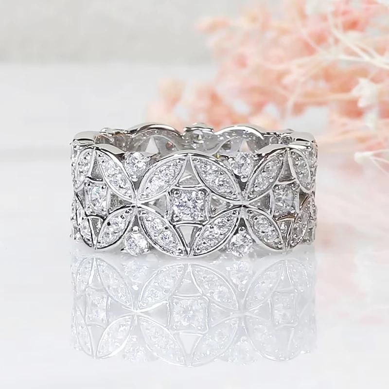 Huitan Hollowed-out Flower Wide Women’s Rings Exquisite Shiny Cubic Zirconia Finger Accessories Trendy Wedding Bridal Jewelry