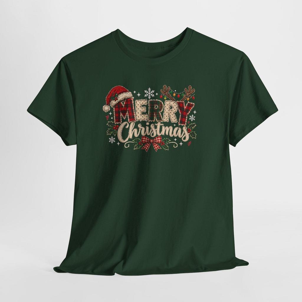 Merry Christmas Typography Tee | Santa Hat, Reindeer Antlers, Holly Accents