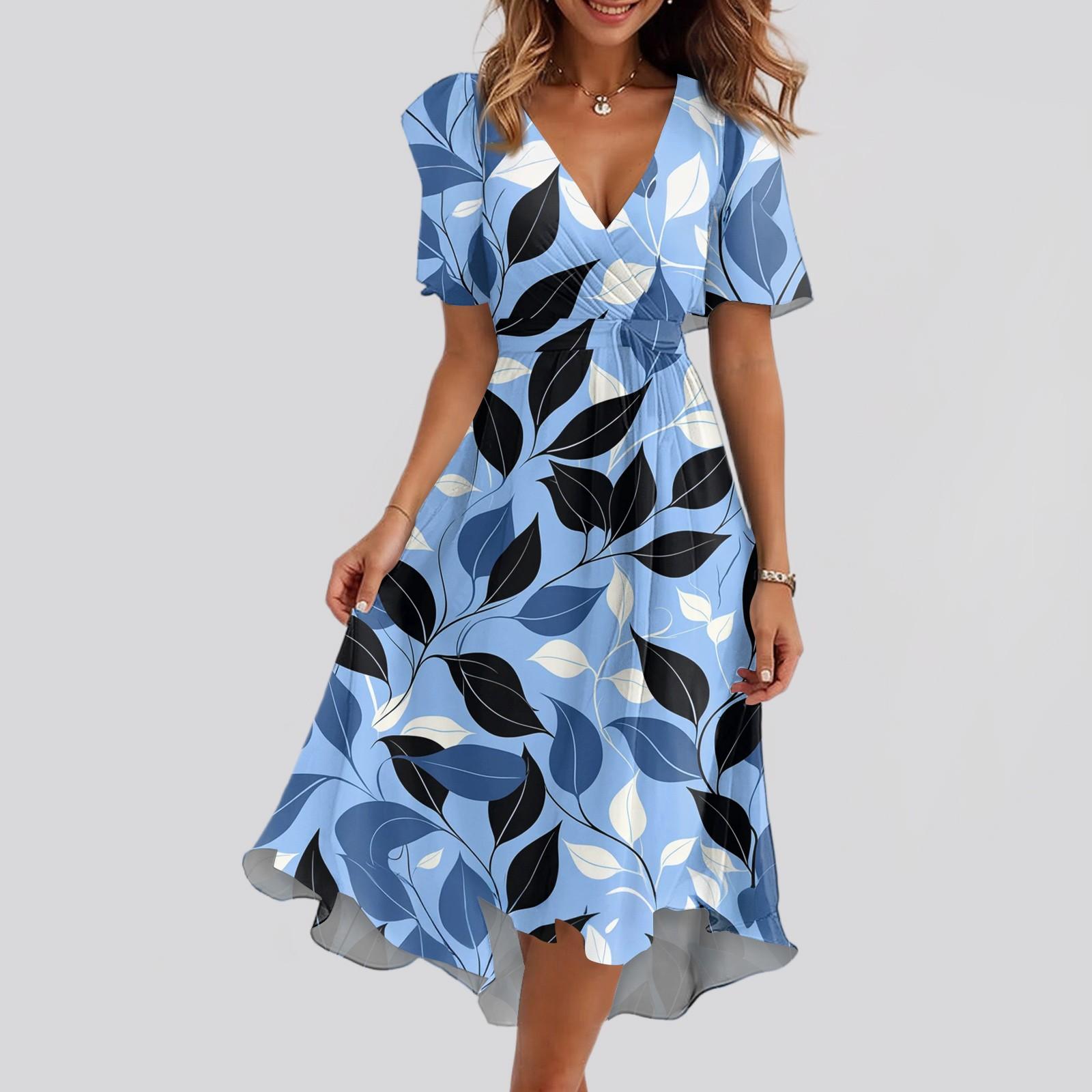 

Женское свободное повседневное платье с V-образным вырезом, расклешенная юбка, короткие рукава, напечатанное платье с принтом S синий