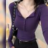 Spicy Girl V-Neck Slimming Button Long Sleeve T-Shirt for Women - Autumn 2025