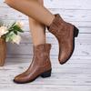 New Women Vintage Chunky Heels Western Cowboy Boots Block Heels Leather Ankle Boots Woman Autumn Winter Embroidered Knight Boots