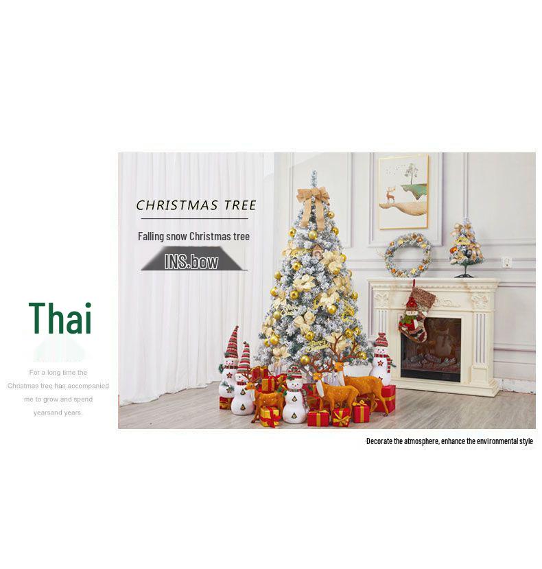 Golden Christmas Tree Set with Ornaments: 1.5m, 1.8m, 2.1m Flocked Pine with White Snow