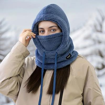 Elastic Polyester Fiber Women's Plush Thickened Winter Hat Integrated Windproof Mask and Scarf Woven Craftsmanship Featherless