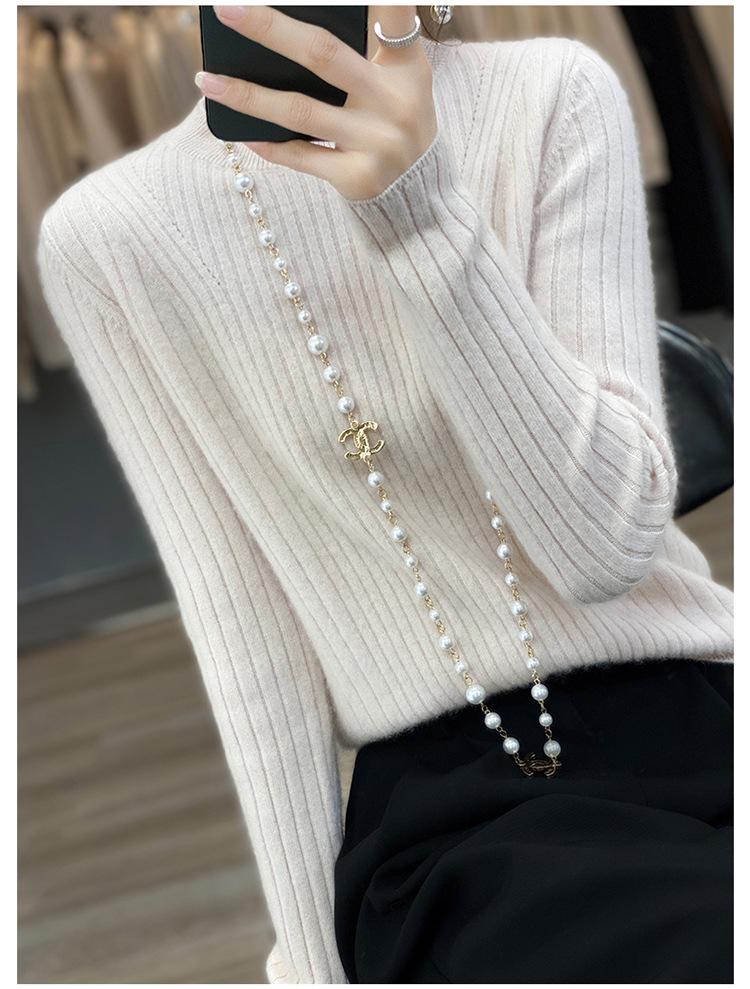 100% Cashmere Pure Wool Slimming Round Neck Knit Sweater - Women's Ribbed Slim Fit for Autumn/Winter