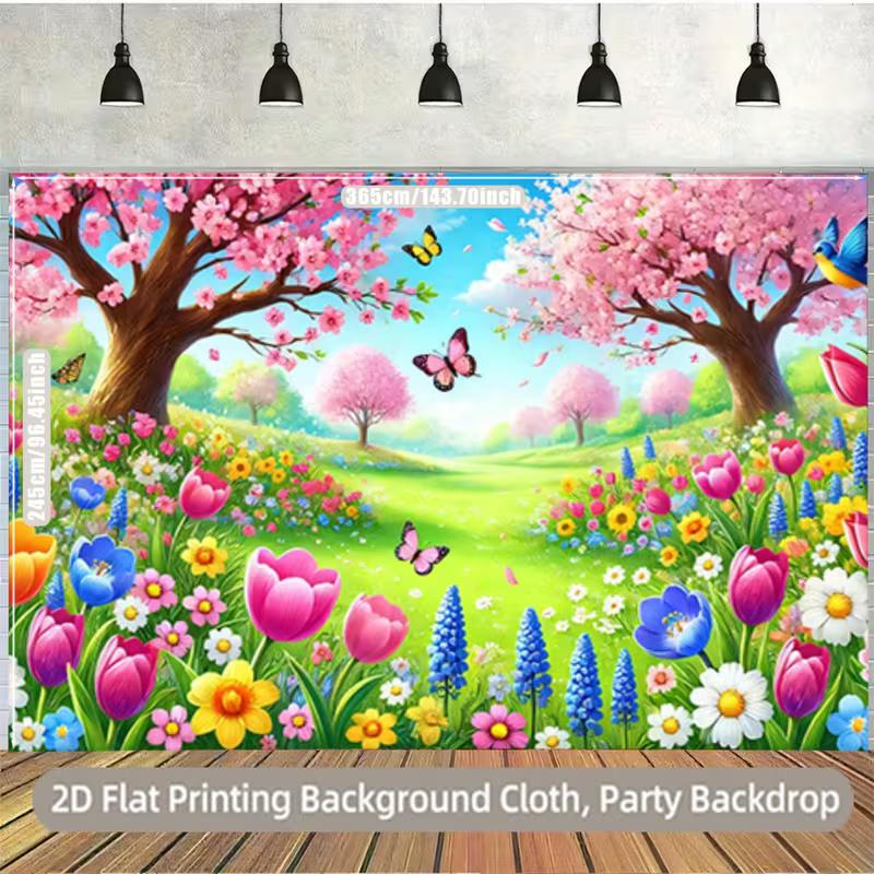 Cartoon Spring Cherry Blossom and Flower Backdrop Kids Party Photo Booth Background Banner