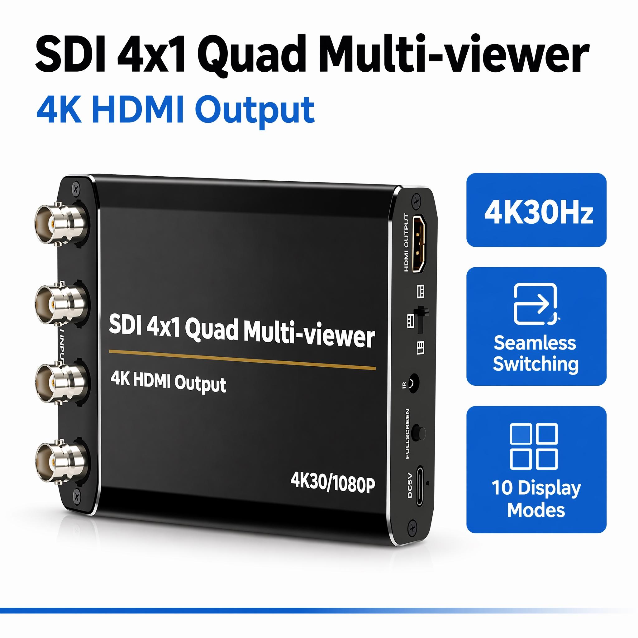 4 Channel SDI 4x1 Quad Multi-viewer Switcher 4K30 HDMI Output 10 Seamless Split Screen Modes 4 SDI Input To 1 HDMI Display SDI Video Multiviewer