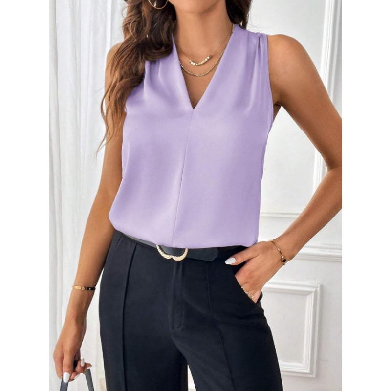 

Летние атласные свободные майки без рукавов с V-образным вырезом, женские модные элегантные однотонные повседневные простые жилеты, базовые топы, женская одежда 3421 L светло-фиолетовый