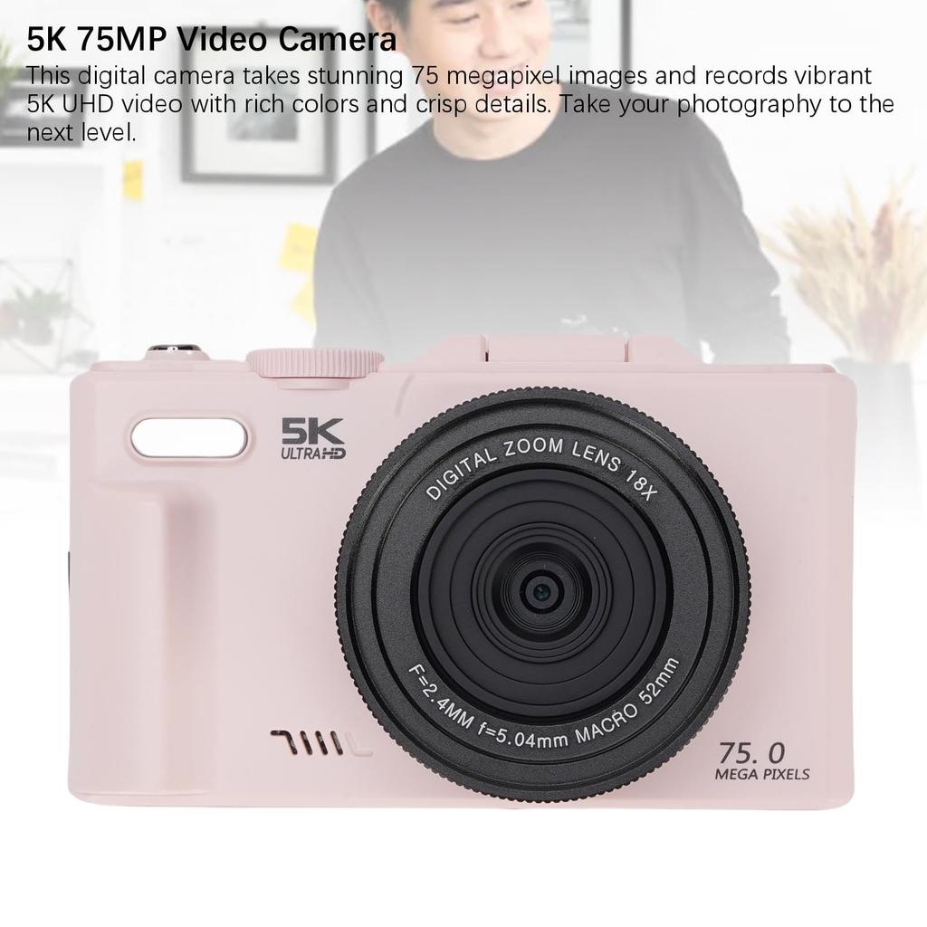 VBESTLIFE 5K Digitalkamera für Fotografie, WiFi 75MP Vlogging-Kamera mit 18x Zoom, 0,45x Weitwinkel-Makroobjektiv, 3" 180° Klappbildschirm Kompakt