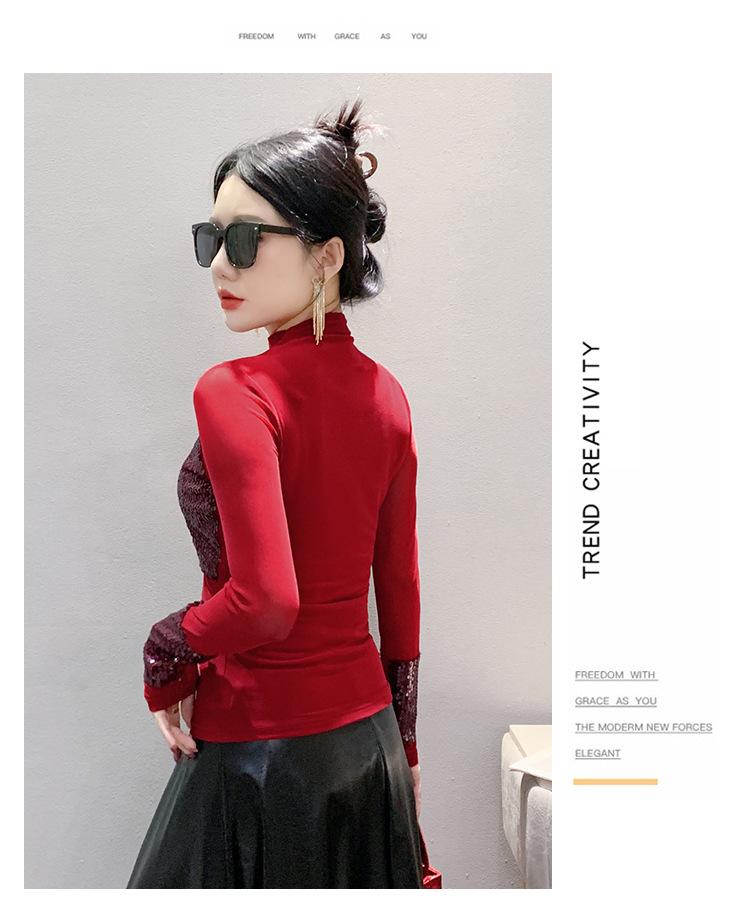 European Style 2024 Sequin Slim Fit Long Sleeve T-shirt for Women