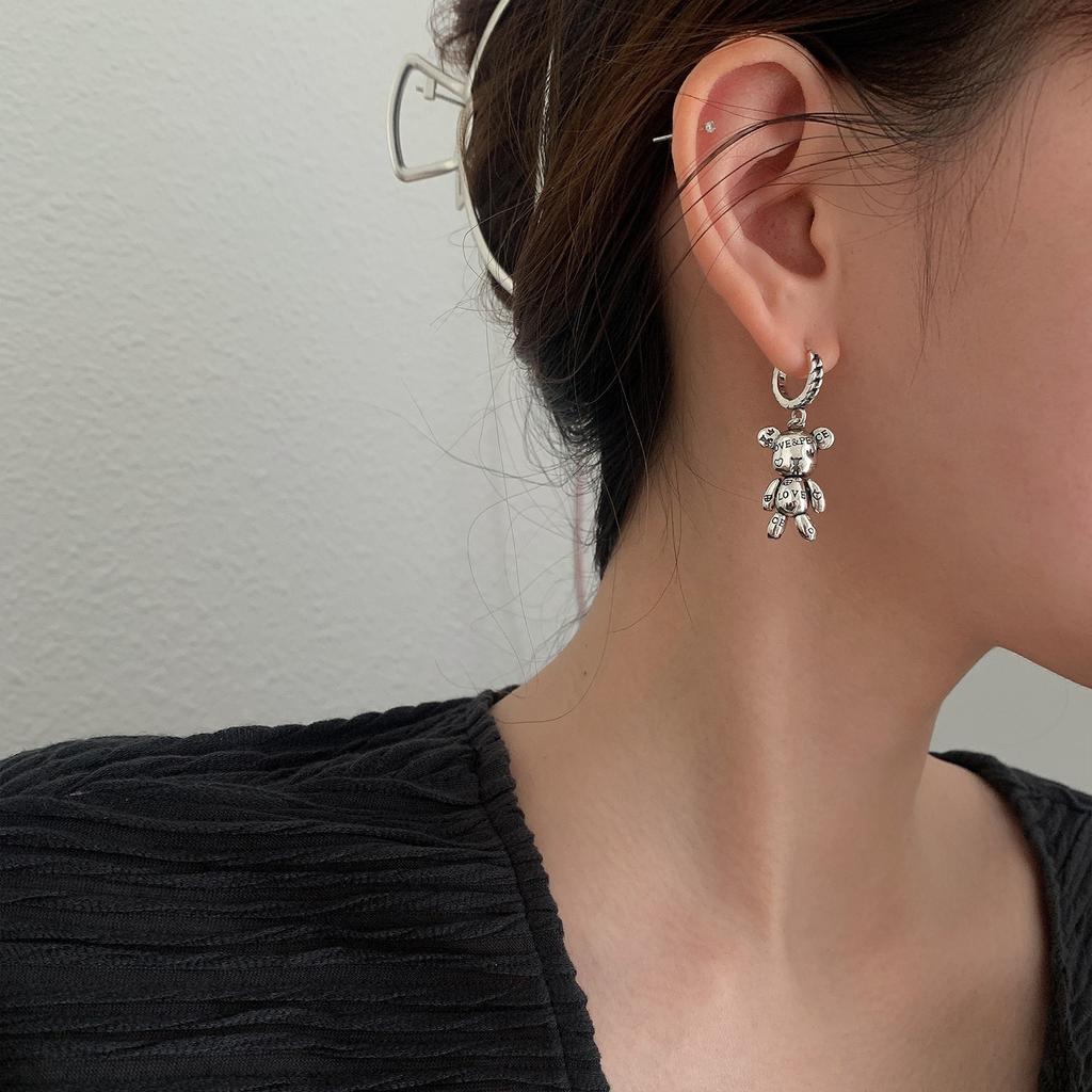 2pcs Antique Silver-plated Earrings For Both Men And Women Vintage Style Asymmetric Unique Bear Pendant Jewelry