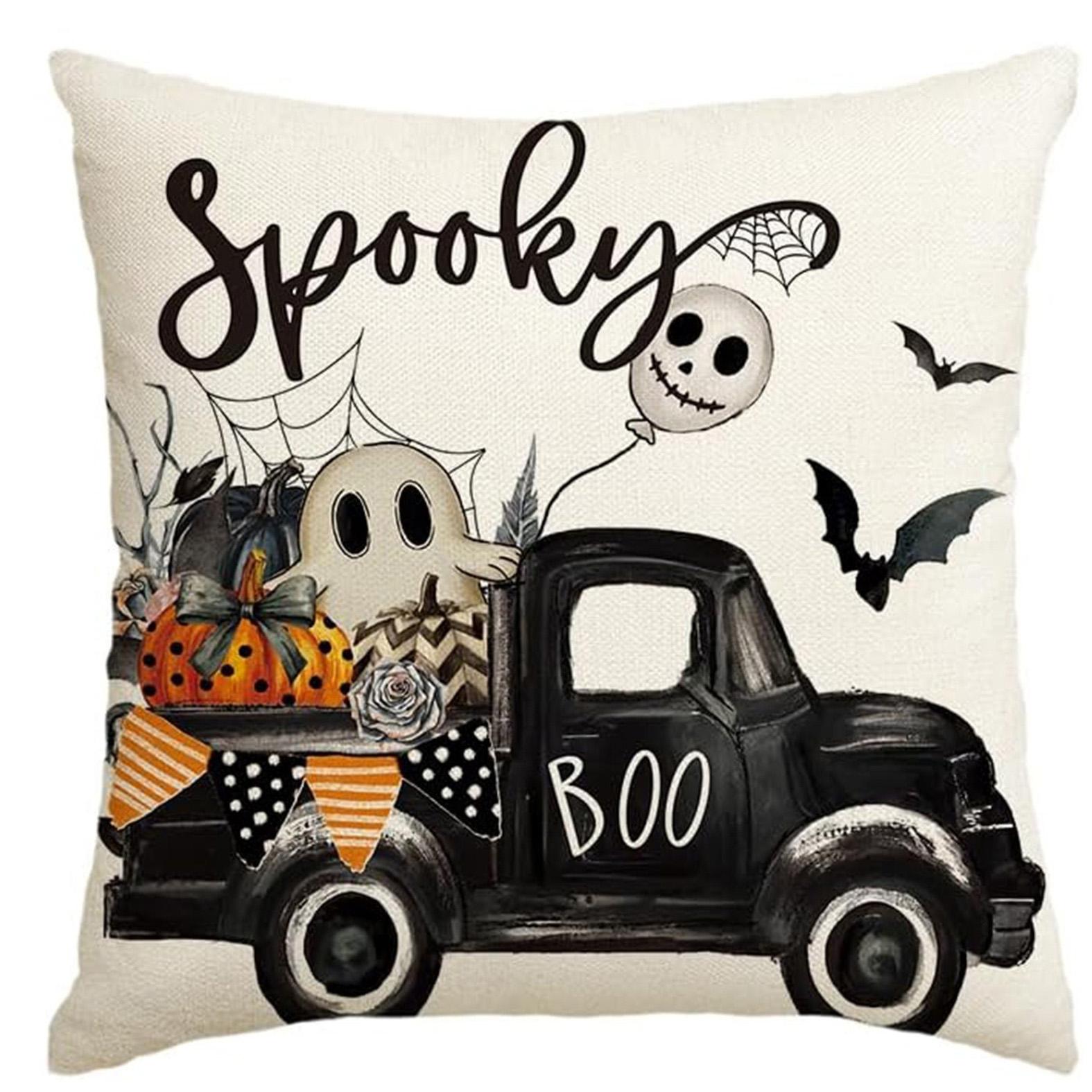 

Halloween Themed Pillow Covers: Ghost, Witch, Trick or Treat, Spooky Truck Designs Sofa cushion cover, home room decoration 16x16Inch