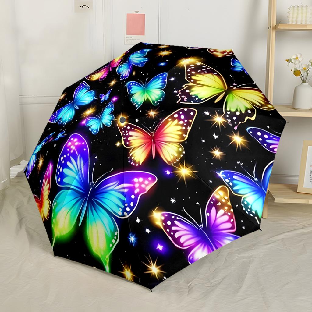 Blue Butterfly Floral Circle Outdoor Automatic Umbrella Compact 8 Rib Design Sturdy Construction for Outdoor Daily Use Compact Folding Umbrella