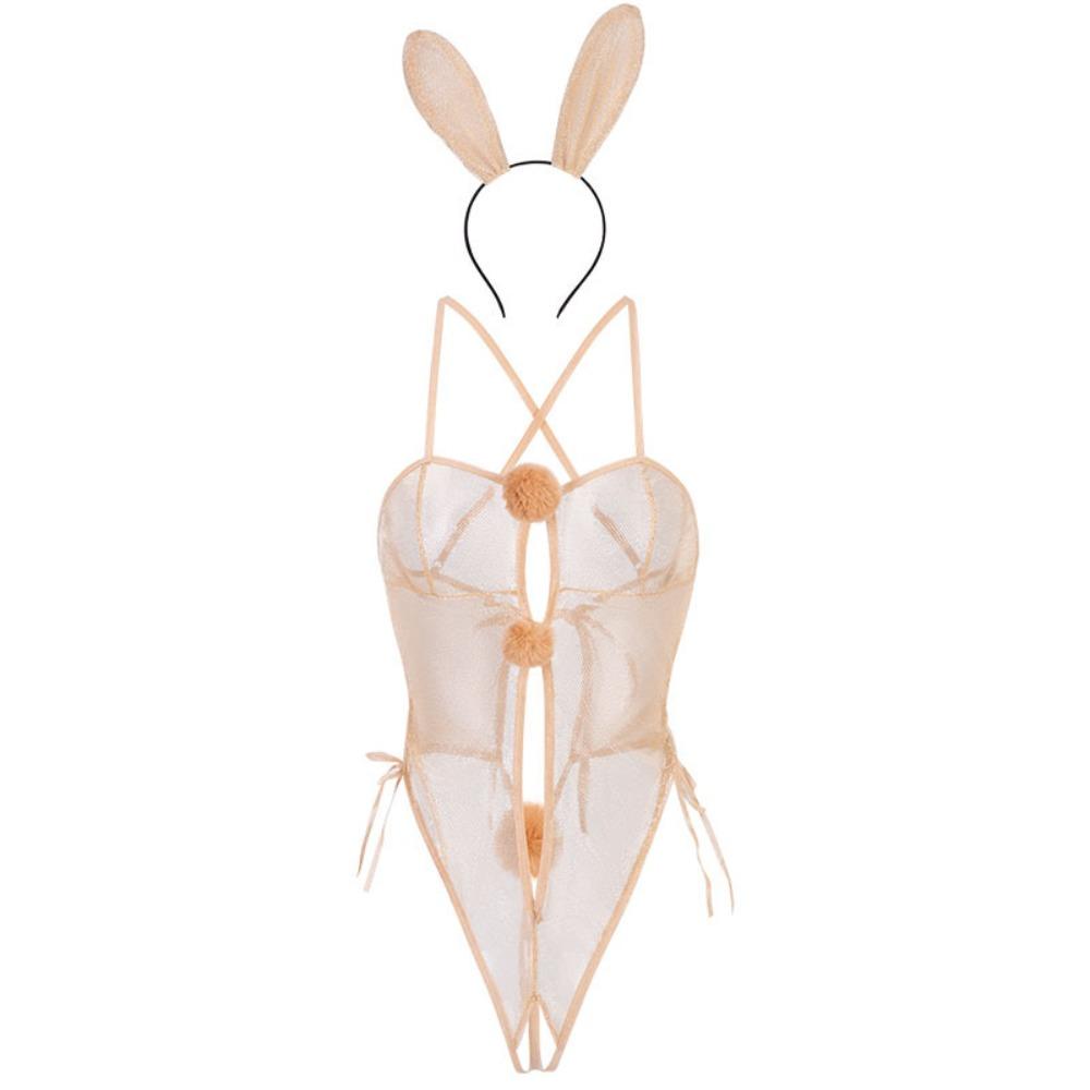 Domila Sexy Hosenträger Hohl Bunny Pompom Einteiler Uniform Set Sex Unterwäsche F434