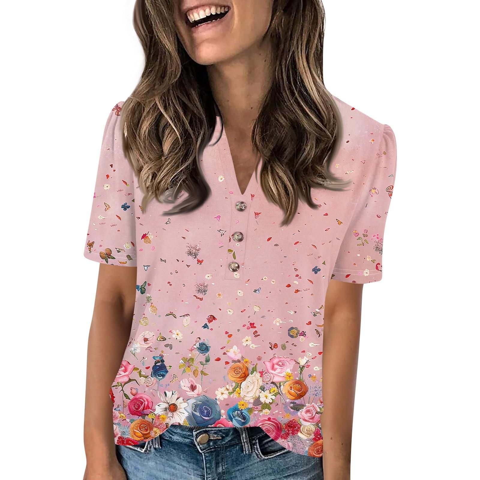 

Жіночий модний повсякденний пуловер з принтом і ґудзиками з V-подібним вирізом і короткими рукавами XL рожевий