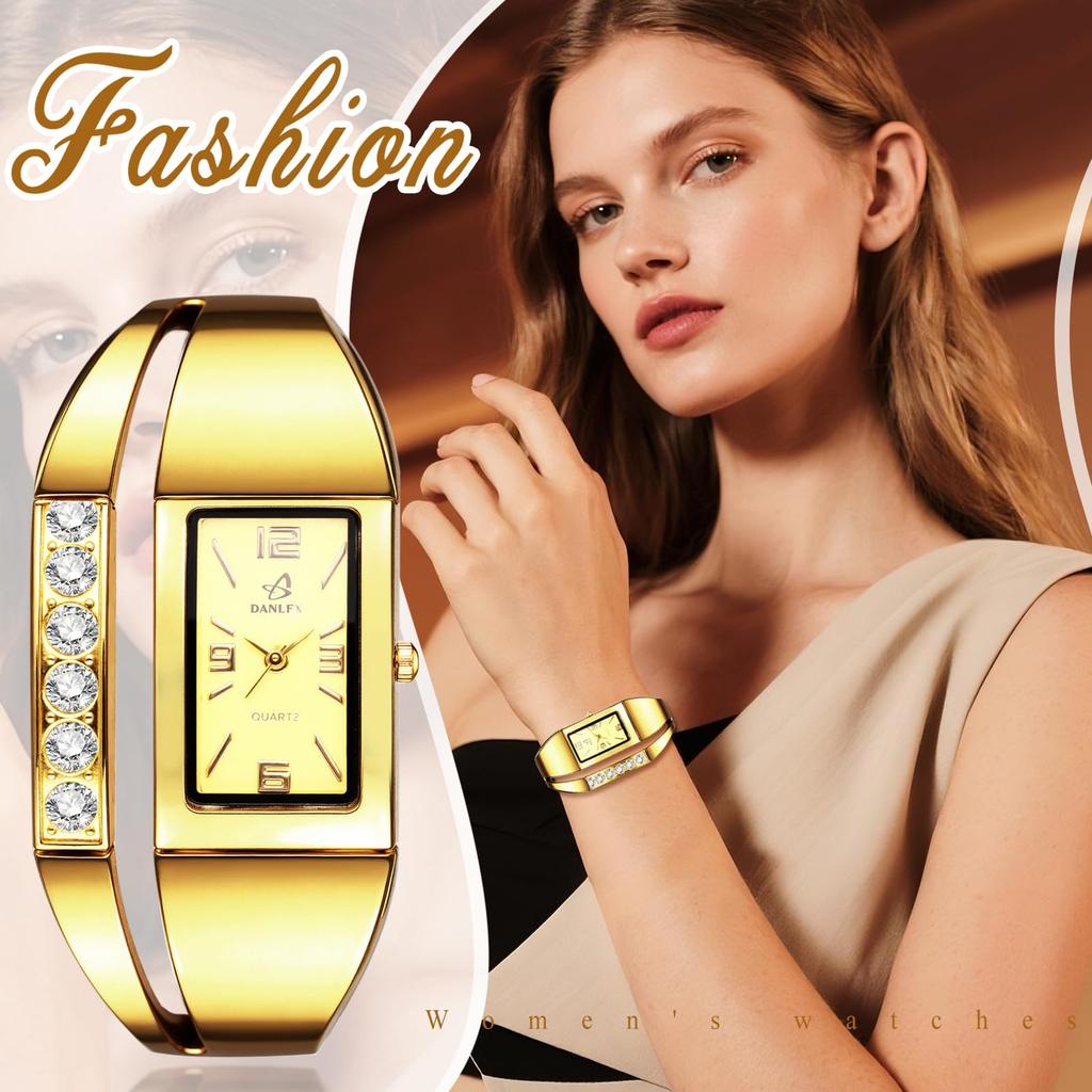 Simple Gold Women's Bracelet Watch: Analog Display, Waterproof, Diamond-Embossed Square Case, Quartz Movement, Gold-Colored, Casual Fashion Watch -
