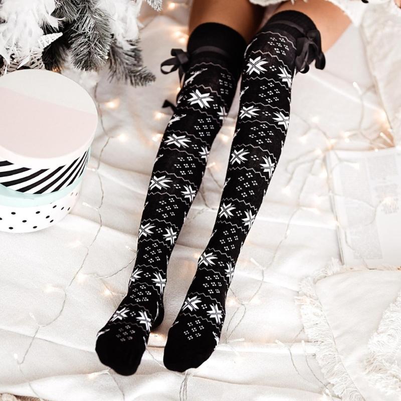Women Christmas Snowflake Knitted Thigh High Stockings with Ribbon Bows Festival Over Knee Long Boot Socks Leg Warmers