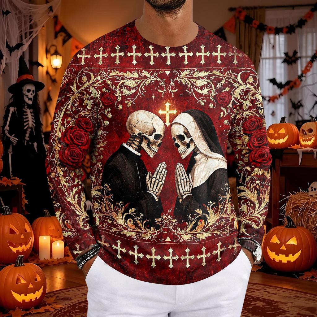 Men's Halloween Print Neck Long Sleeve T-Shirt