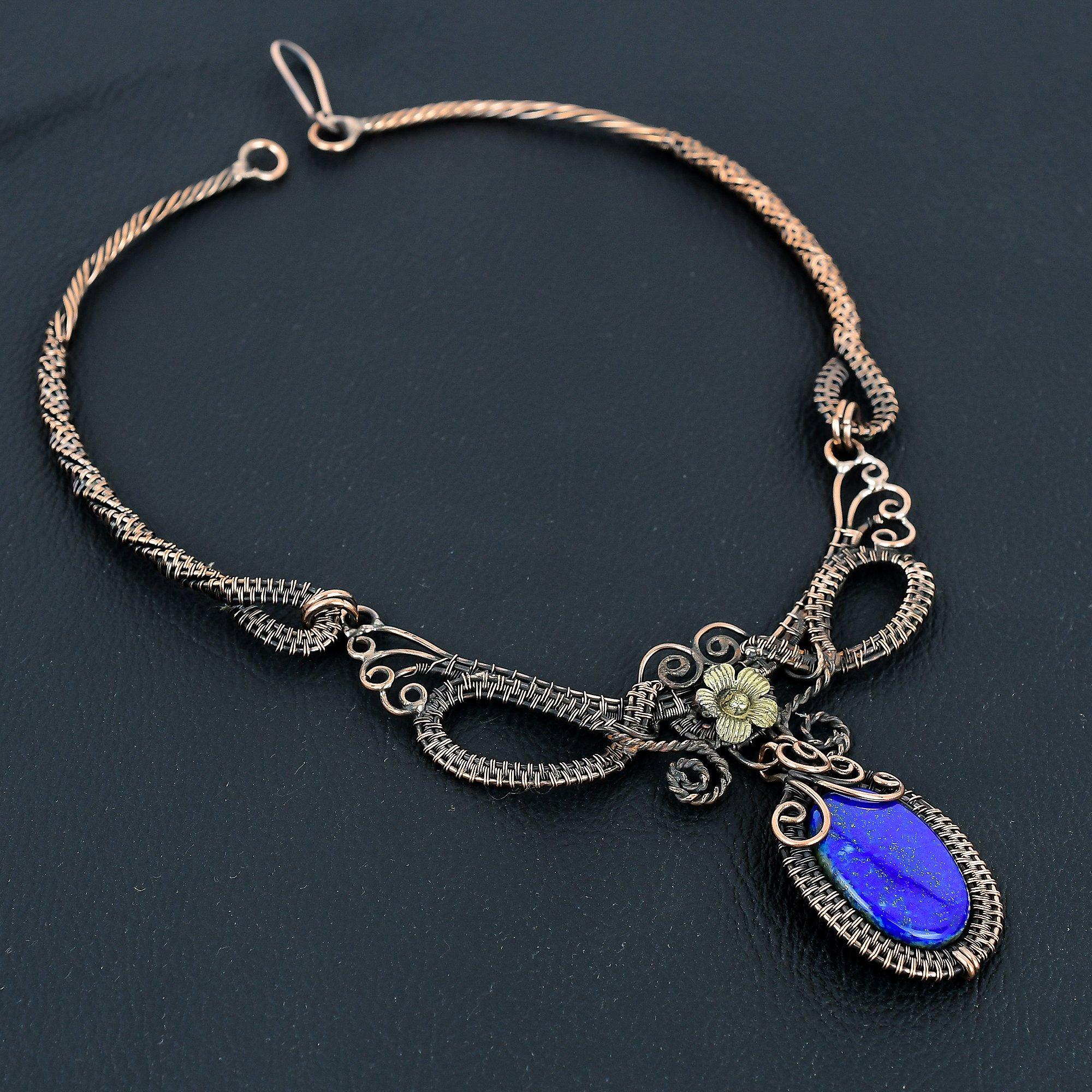 

Ожерелье из лазурита, украшения ручной работы, ожерелье, обернутое медной проволокой 999 пробы, дизайнерские украшения с драгоценными камнями, ожерелье с регулируемой цепочкой, подарок для мамы