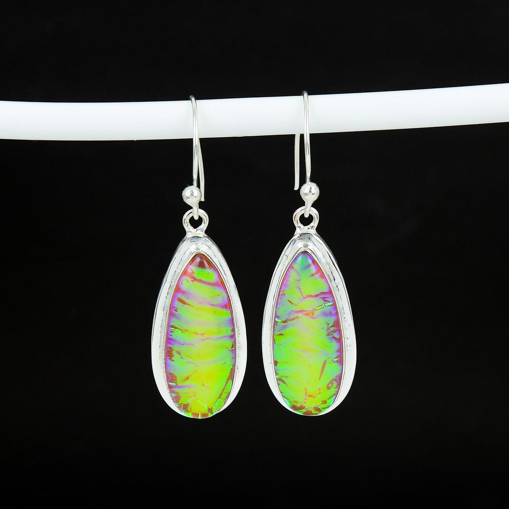 Wunderschöner rosa Triplett Feueropal Edelstein 925 Sterlingsilber Ohrring, Handgefertigter Boho Silber Schmuck Hängeohrringe, Verlobungsgeschenk