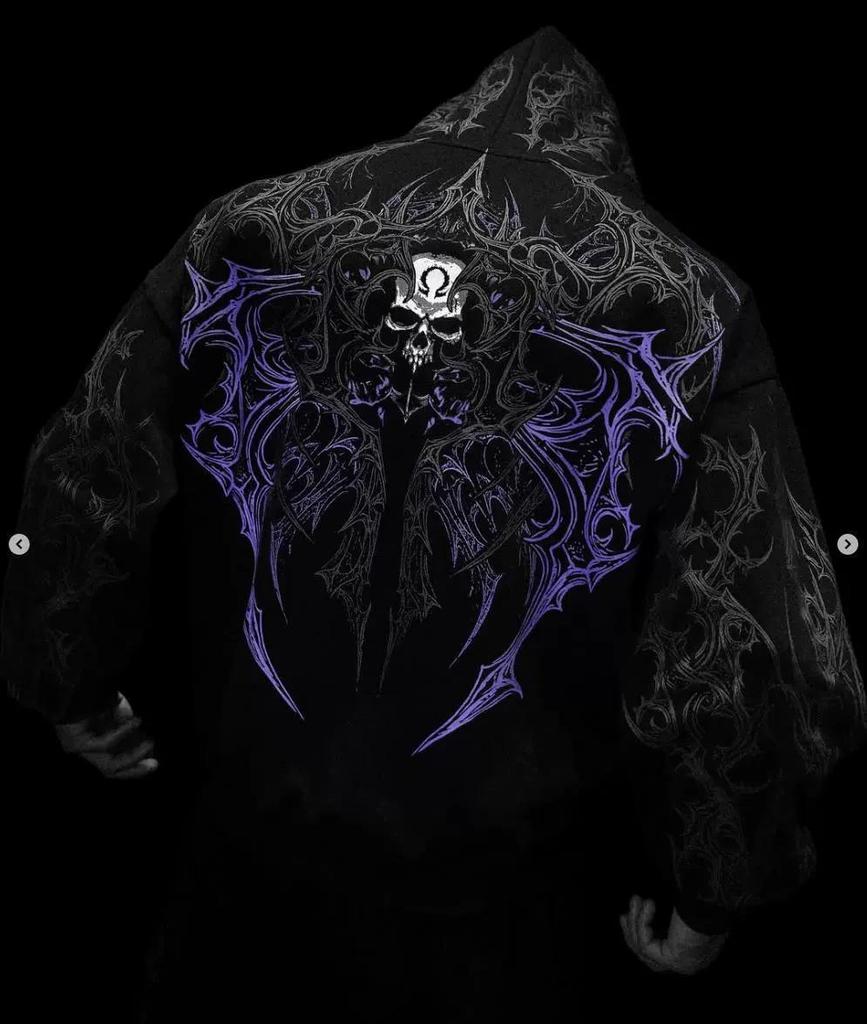 American Trendy Skull Print Zipper Hoodie: Autumn/Winter Dark Style