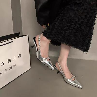 Mode Slingback Sandalen Dames Middelhoge Hak Pumps Klinknagel Schoenen Elegante Puntige Teen Dames Mules Jurk Slippers Denim Sandalen