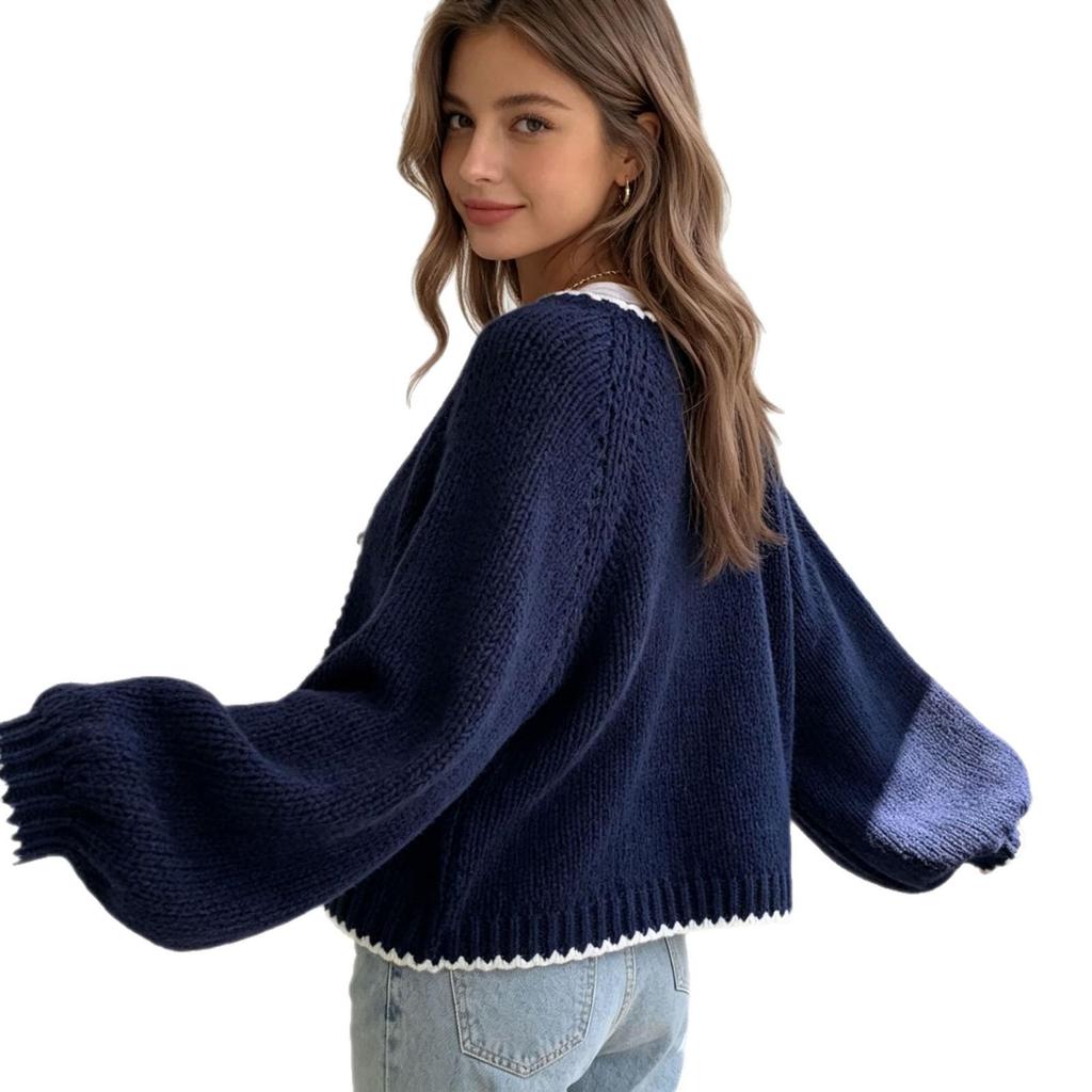 Autumn Winter Women's Cross-Color Knit Cardigan: V-Neck Tie-Up Loose Long Sleeve Sweater Top