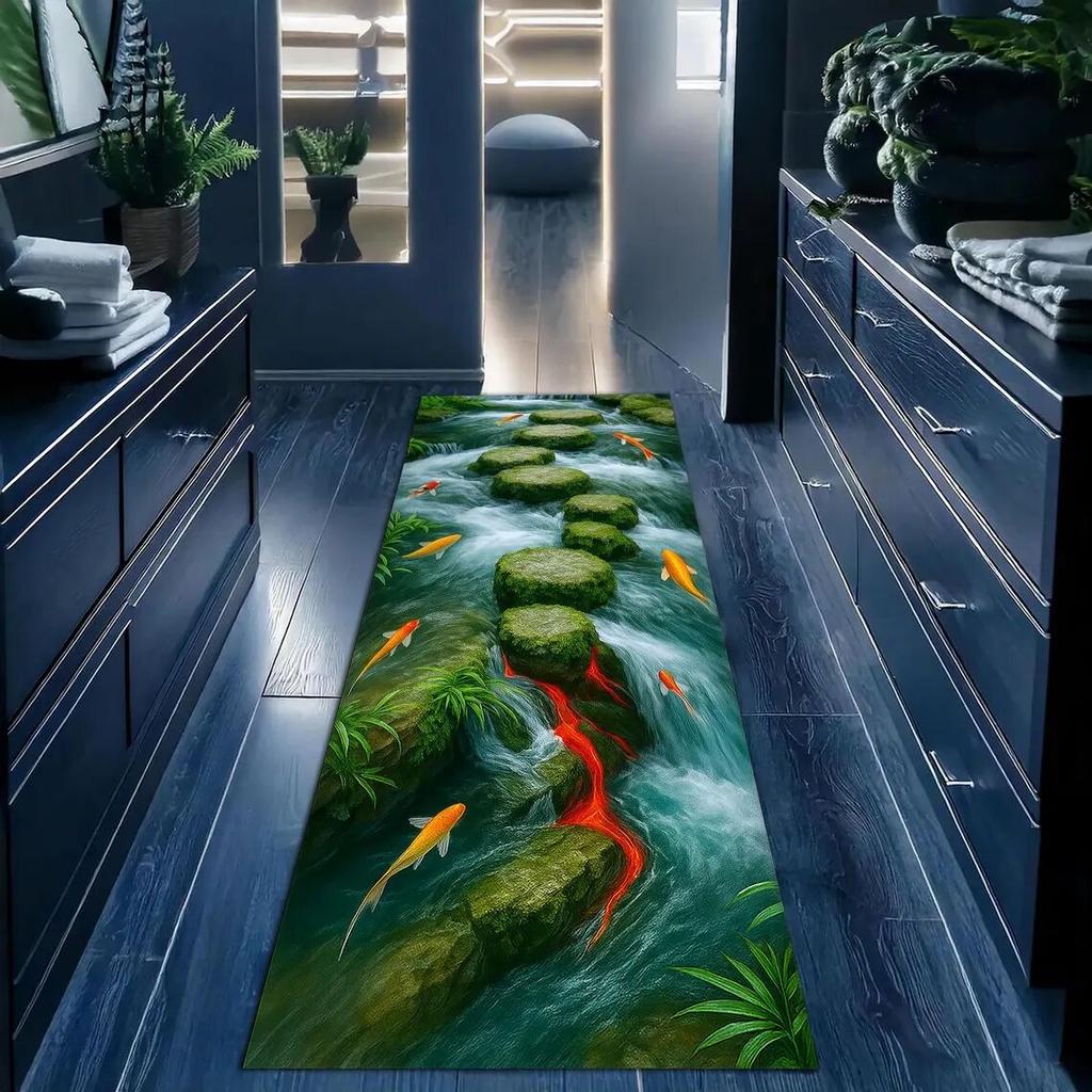 Koi Fisch Flur Läufer Teppich 3D Optische Illusion Zen Natur Thema Fußmatte Wasserabsorbierend Rutschfest Heimdeko Weicher Teppich