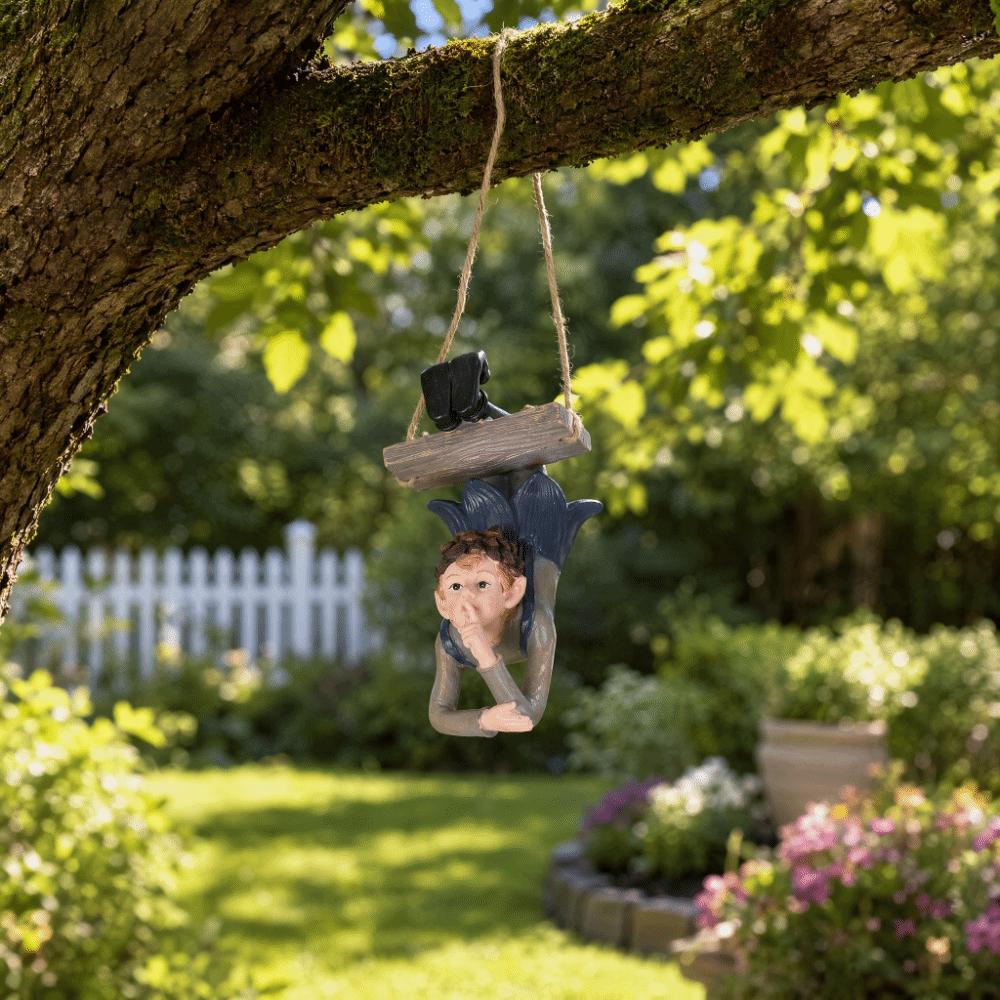 Resin Swinging Elf Figurine Hanging Resin Garden Statue Outdoor Elf Sculpture For Garden