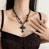 Y2K Gothic Style Black Beaded Cross Necklace & Cool Girl Sweatshirt Accessory