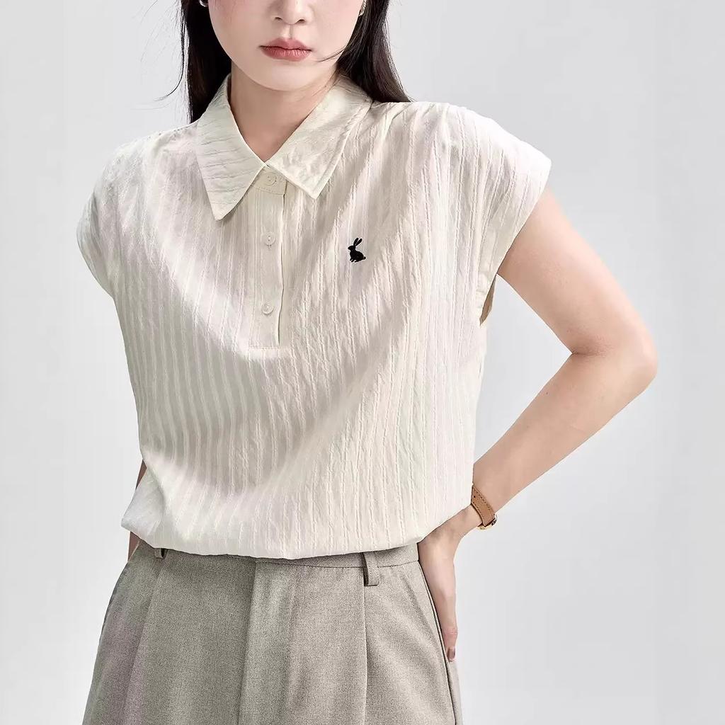 "Skin-friendly Comfortable Cotton" high-intelligence rabbit embroidery! Short-sleeve polo shirt for women, vintage loose casual top