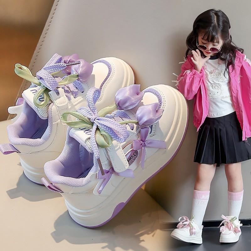 Girls Flower Bow Decor Casual Sneakers Velcro Strap Thick Sole Kids Flat Shoes 26 фиолетовый