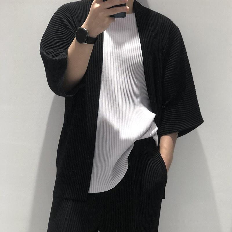 Men’s Loose Fit Pleated Five-Sleeve Jacket, Spring-Autumn, Plus Size, Japanese Style Dōha