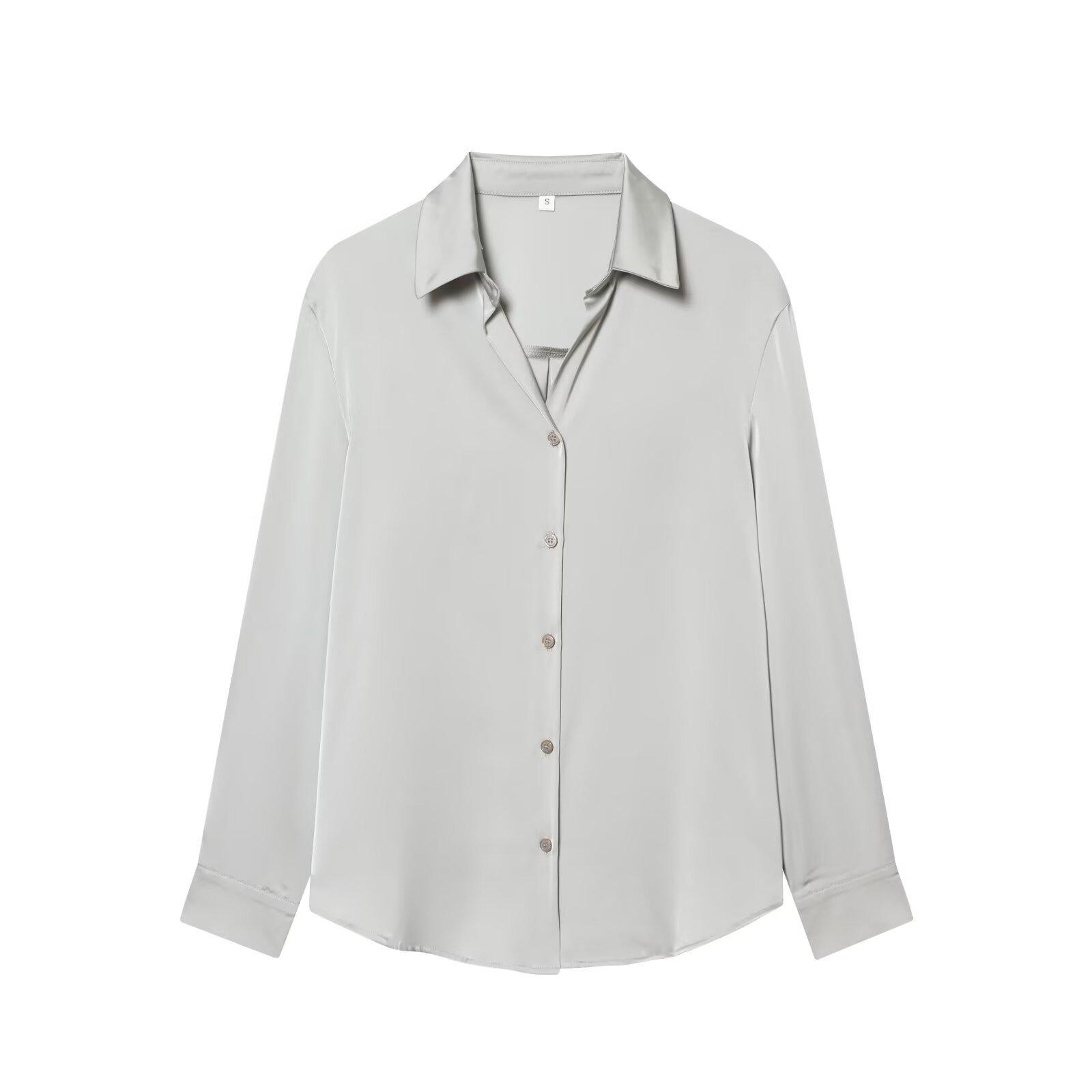 

Женская атласная рубашка-поло с воротником-стойкой, весна/лето 2026 - Европейская и американская мода, Однобортная, Повседневный стиль (H1726) Small