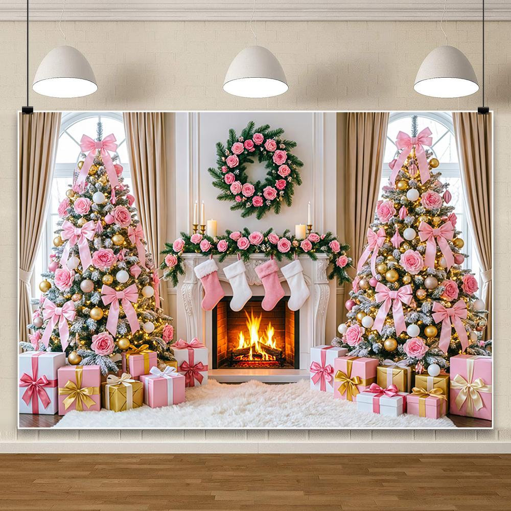 Yeele Christmas Fireplace Photography Backdrop Red Bow Socks Wreath Xmas Tree Gifts Decor Kids Family Portrait Photo Background