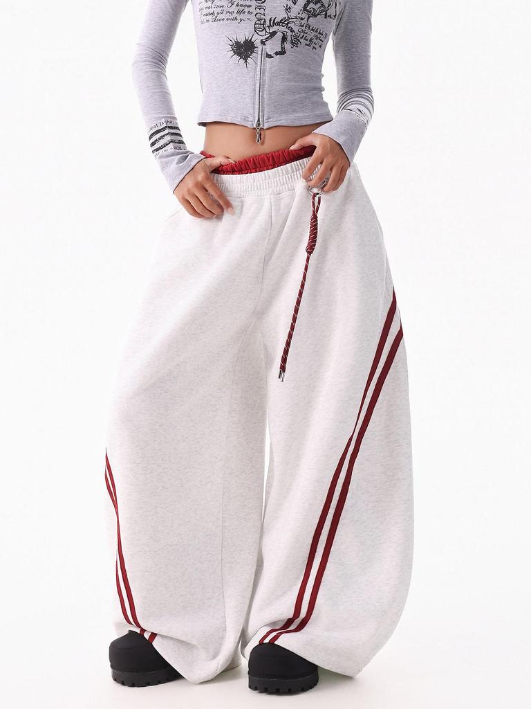 Women's Hip Hop Color Block Striped Sweatpants - Double Waistband, Baggy Fit for Spring/Autumn