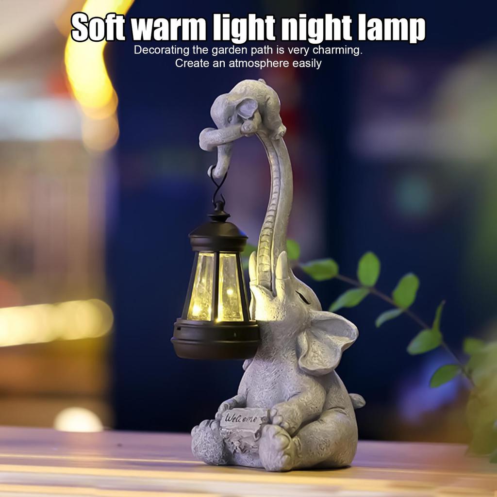 Solar Powered Elephant Statue Solar Animal Figurines with LED Light Cute Resin Ornaments Elephant Statue Sculptures Decoration