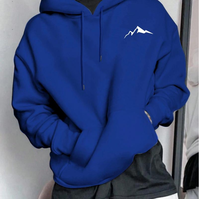 Men's Autumn and Winter Casual Fashion Loose Mountain Graphic Print Long Sleeved Hooded Sweatshirt Warm Pullover