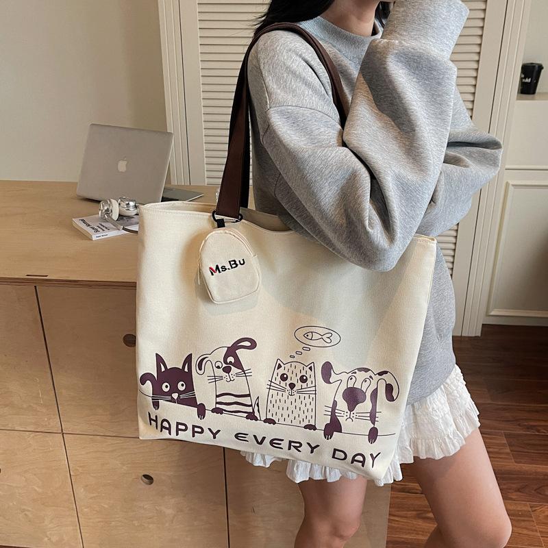 Casual Large Capacity Canvas Bag Women's 2025 Autumn New Light Commuter Shoulder Bag Graffiti Handbag Tote Bag