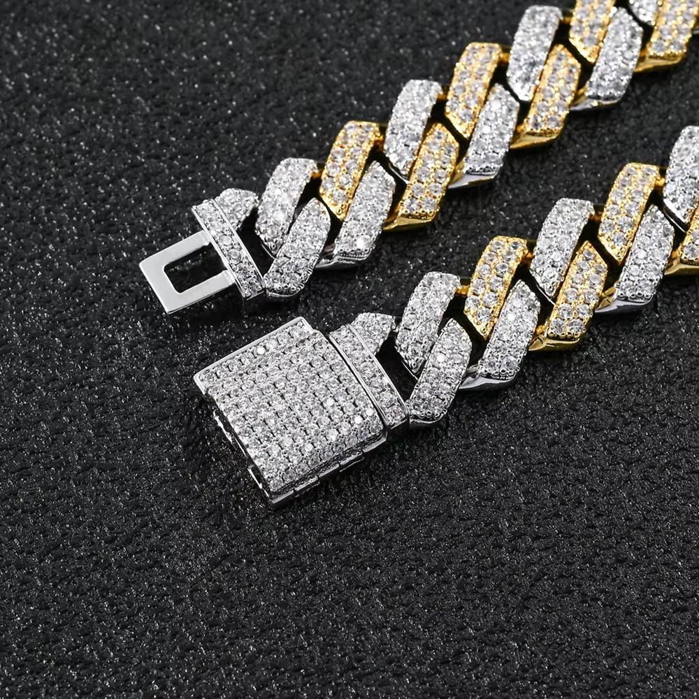 Modeschmuck Hip Hop 14mm Flaches Kubanisches Gliederkettenarmband Bling CZ Iced Out Rhombus Zweifarbig Miami Kubanische Kette Armband
