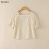 ZANZEA Women Square Collar Casual Short Sleeve Grid Print Blouse