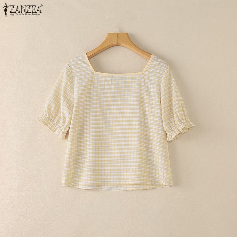 ZANZEA Women Square Collar Casual Short Sleeve Grid Print Blouse