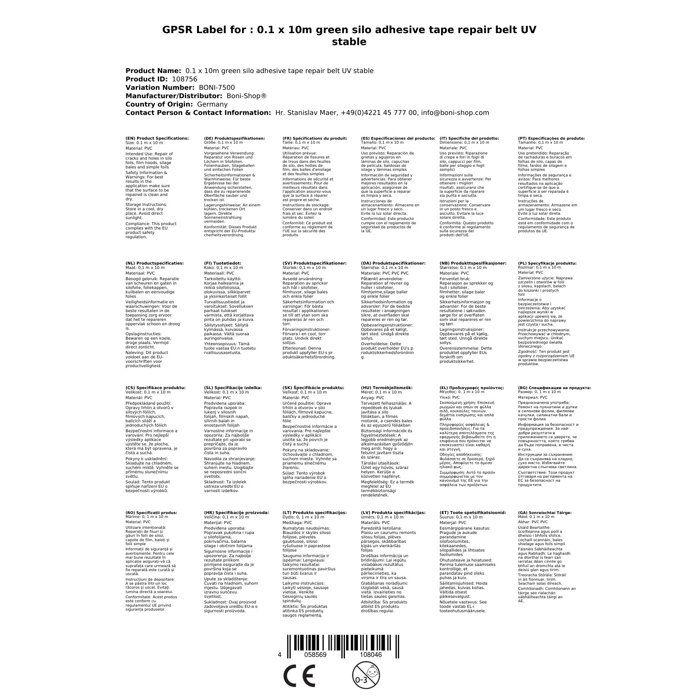0, 1 x 10m ruban adhésif vert pour silo, ruban de réparation, résistant aux UV