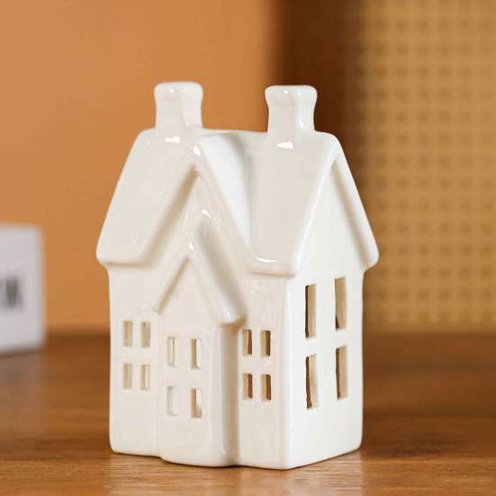 Ceramic House Decor Shape Candle Holder, White Hollow Tea Light Holder Durable Craft Gift Ornament, Artistic Miniature Figurine for Christmas