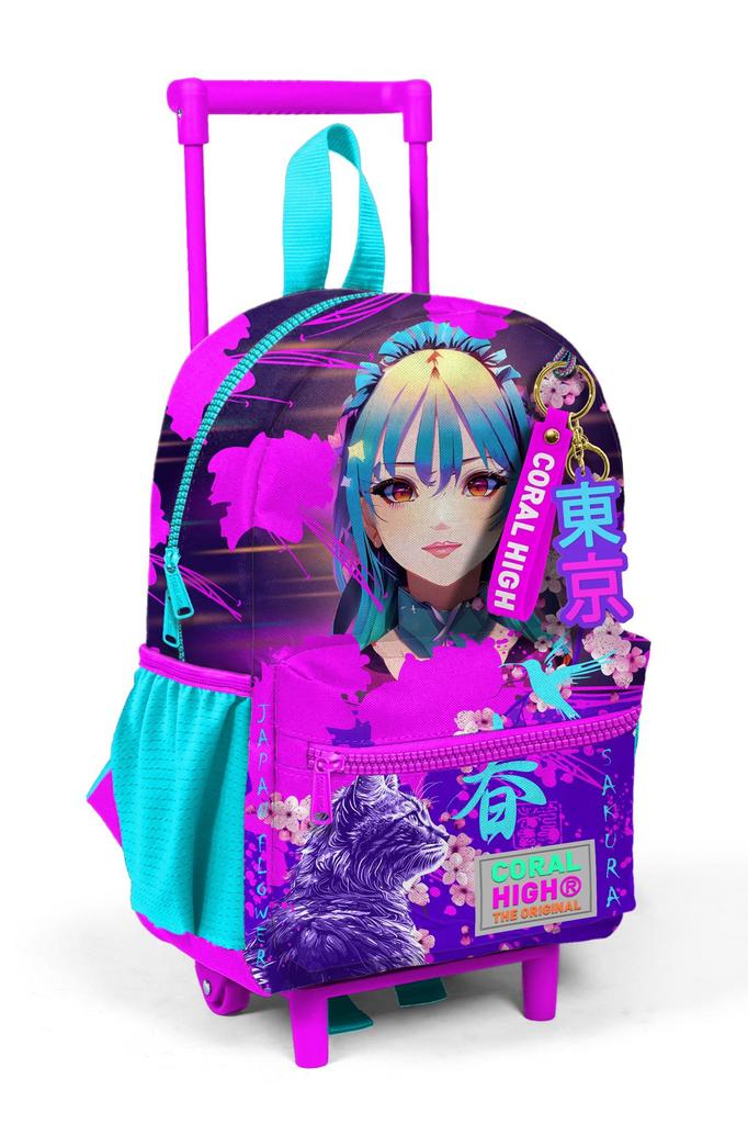 Tiny Nest Trolley-Rucksack, Lila, Rosa, Anime-Katzen-Muster, Zwei Fächer, 24053