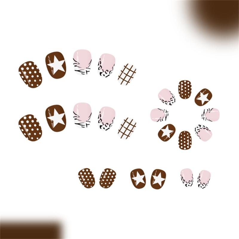 Pack Of 24 French Leopard Print Plaids Star Press On Nail Coffee Brown Polkas Dot Reusable False Nail ABS Material NoGlue Needed