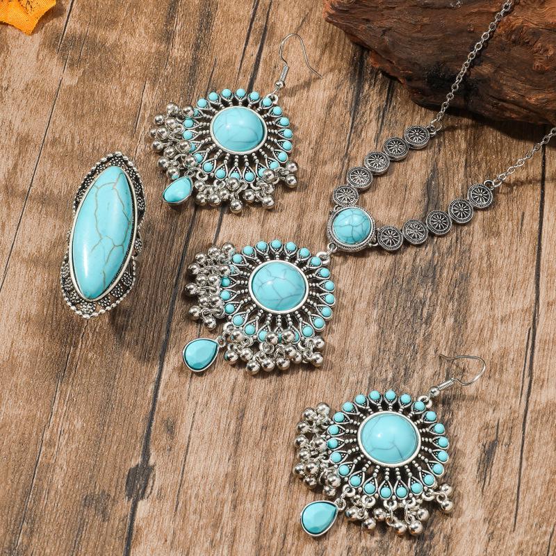 Retro Ethnic Turquoise Bohemian Earrings, Rings, and Necklace Set for Women