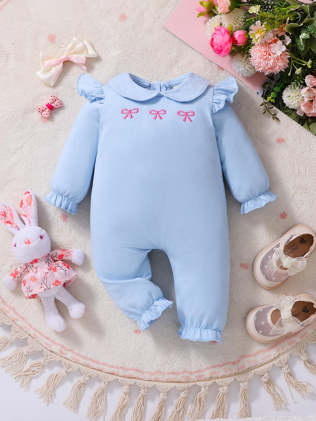 Light Blue Peter Pan Collar Baby Romper with Pink Bow Embroidery, Long Sleeve Ruffle Jumpsuit 59/66/73/80 baby голубой