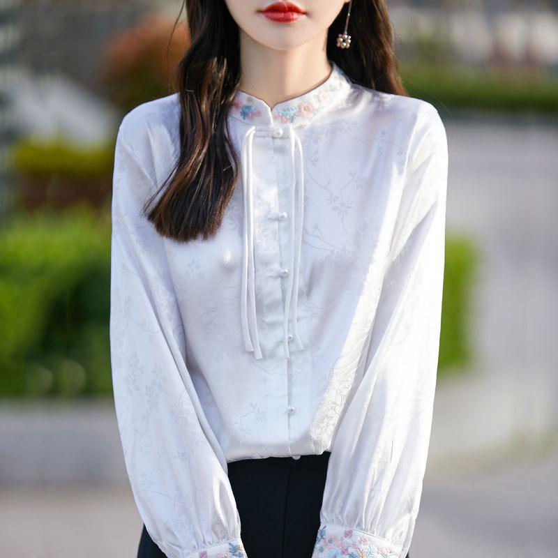 

Женская атласная рубашка в китайском стиле с вышивкой, воротником-стойкой и элегантным принтом L