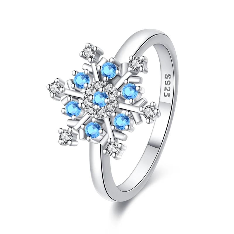 Women Ring copper Blue Zircon Snowflake Ring Winter Christmas Wedding Party Romantic Jewellery Gift High Quality
