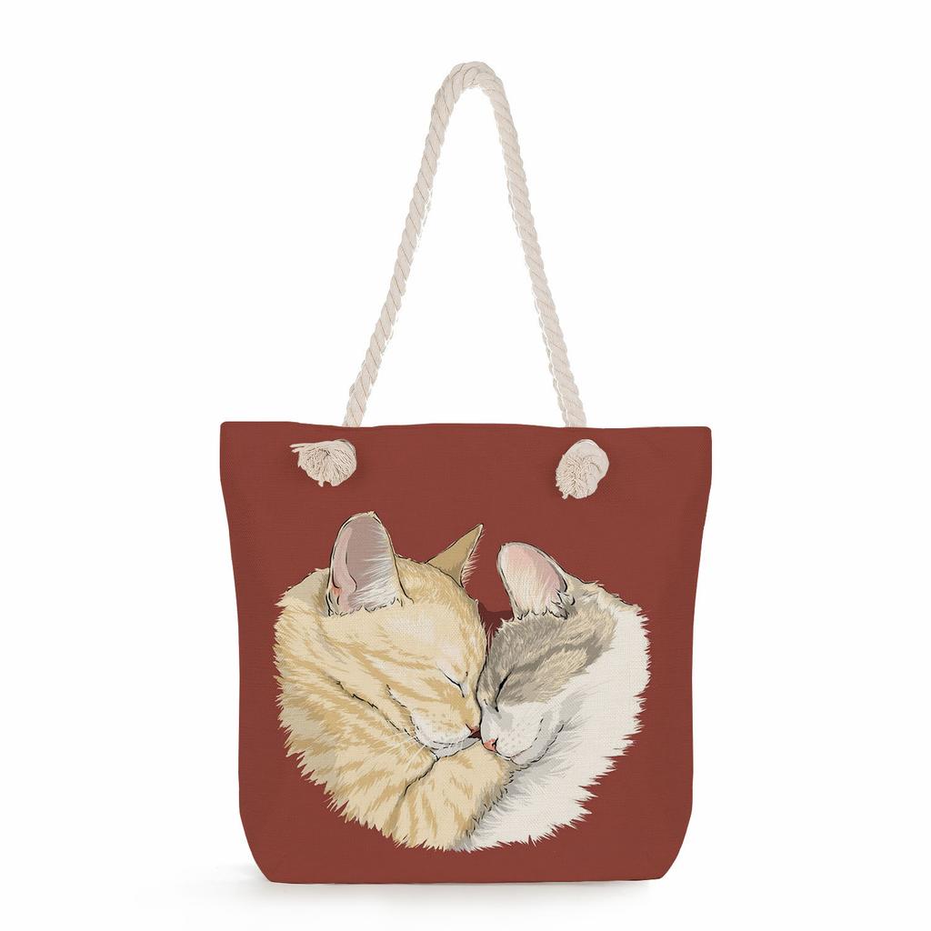 Cat print thick rope single-shoulder beach bag 7215